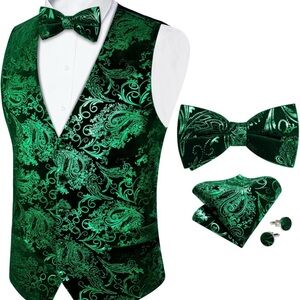 Elegant Green Paisley Vest and Bow Tie Set